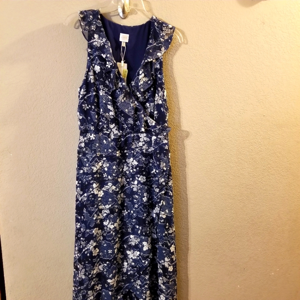 Cupio Womens New Blue/White Floral Faux Wrap Midi/Maxi Sleeveless Dress Ruffle L